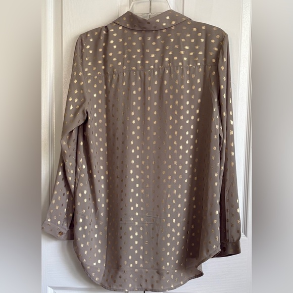 CHICOS WOMENS BLOUSE, OLIVE GREEN AND GOLD, size CHICOS 1 - Picture 4 of 9